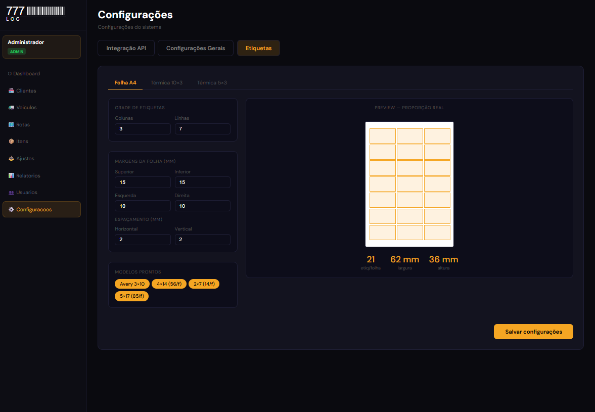 Configurações e Etiquetas